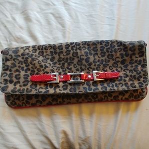 Leopard and red leather clutch